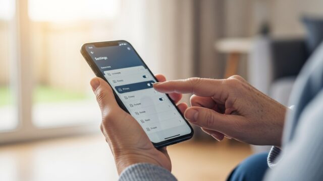 Mani di una persona adulta che controllano le impostazioni della privacy e l'aggiornamento sullo schermo di uno smartphone luminoso.