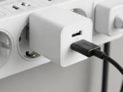 Caricabatterie che scotta: l’errore del divano e quando diventa pericoloso per il telefono Primo piano di un alimentatore USB bianco inserito in una multipresa elettrica con diverse spine collegate e cavi neri su sfondo grigio chiaro.