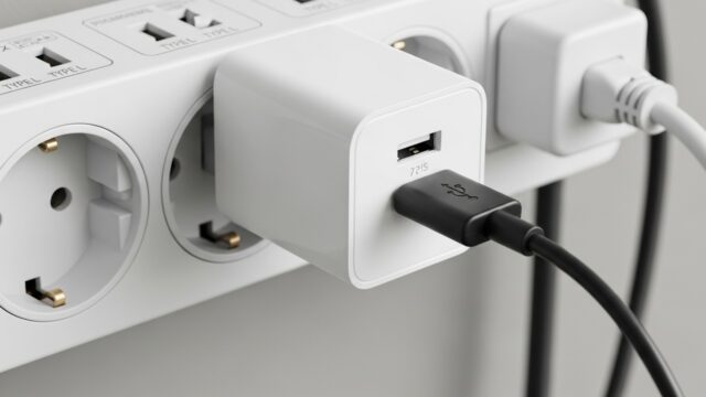Primo piano di un alimentatore USB bianco inserito in una multipresa elettrica con diverse spine collegate e cavi neri su sfondo grigio chiaro.