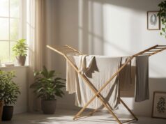 Asciugare i panni in casa: l’errore invisibile che sta rovinando la tua salute Stendibiancheria in legno con tessuti chiari in una stanza luminosa e ventilata