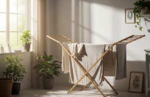 Asciugare i panni in casa: l’errore invisibile che sta rovinando la tua salute Stendibiancheria in legno con tessuti chiari in una stanza luminosa e ventilata