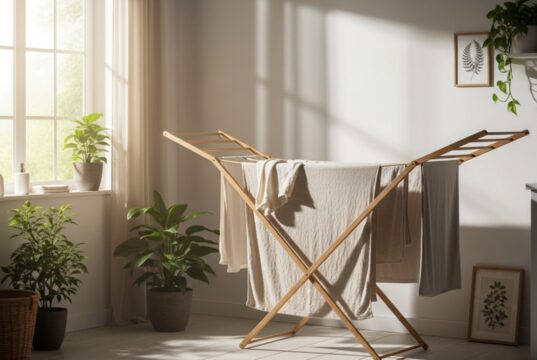 Asciugare i panni in casa: l’errore invisibile che sta rovinando la tua salute Stendibiancheria in legno con tessuti chiari in una stanza luminosa e ventilata