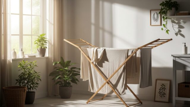 Stendibiancheria in legno con tessuti chiari in una stanza luminosa e ventilata