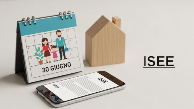 Calendario con data 30 giugno e smartphone con documento ISEE per l'Assegno Unico