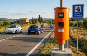 Multe autovelox 2026: i dispositivi illegali da maggio e come leggere il verbale Autovelox a colonnina arancione su una strada extraurbana italiana con cartello blu di controllo elettronico della velocità e auto in transito