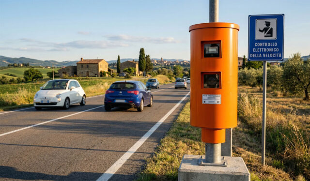 Autovelox a colonnina arancione su una strada extraurbana italiana con cartello blu di controllo elettronico della velocità e auto in transito