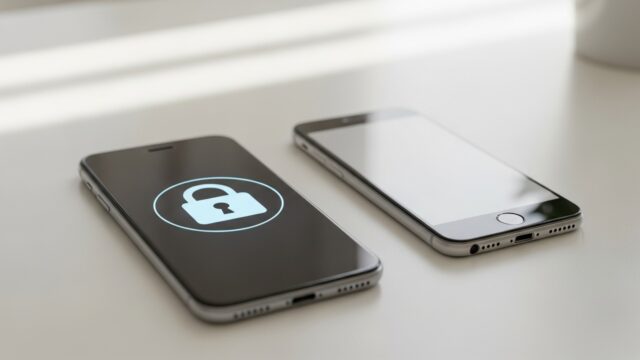 Smartphone moderno con lucchetto di sicurezza accanto a un vecchio telefono spento su una scrivania.