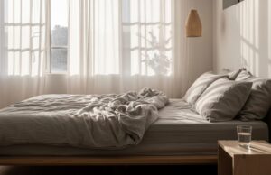 Allergie primaverili in casa: l’errore di spalancare le finestre al mattino che peggiora i sintomi Camera da letto luminosa e rilassante con biancheria in lino naturale e luce solare filtrata dalle tende