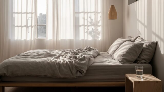 Camera da letto luminosa e rilassante con biancheria in lino naturale e luce solare filtrata dalle tende