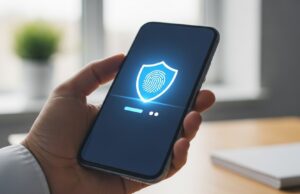 Addio allo SPID: come usare la CIE per accedere a tutti i servizi della Pubblica Amministrazione Mano che impugna uno smartphone con icona di scudo e impronta digitale per l'accesso sicuro con Carta d'Identità Elettronica