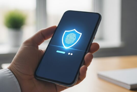 Addio allo SPID: come usare la CIE per accedere a tutti i servizi della Pubblica Amministrazione Mano che impugna uno smartphone con icona di scudo e impronta digitale per l'accesso sicuro con Carta d'Identità Elettronica