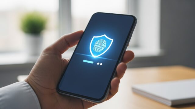 Mano che impugna uno smartphone con icona di scudo e impronta digitale per l'accesso sicuro con Carta d'Identità Elettronica