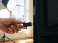 Netflix smette di funzionare sulle vecchie smart tv da marzo 2026: come risolvere senza cambiare schermo Primo piano di una mano che collega un piccolo dispositivo di streaming alla porta laterale di un vecchio televisore a schermo piatto.