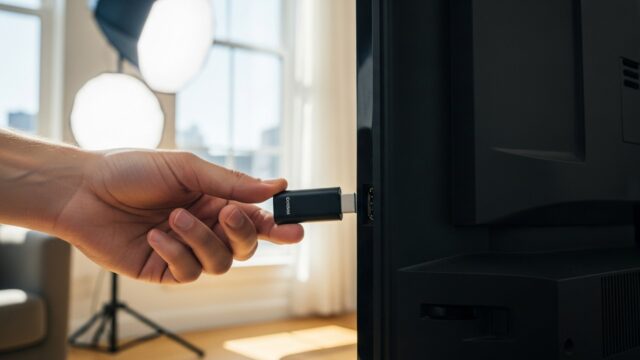 Primo piano di una mano che collega un piccolo dispositivo di streaming alla porta laterale di un vecchio televisore a schermo piatto.