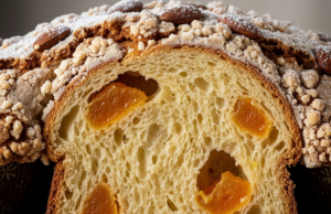 Colomba di Pasqua 2026 veloce: la ricetta economica senza impasto e senza stampo Macro di una fetta di colomba veloce cotta, che mostra l'alveolatura soffice, i canditi di arancia e la glassa croccante con mandorle.