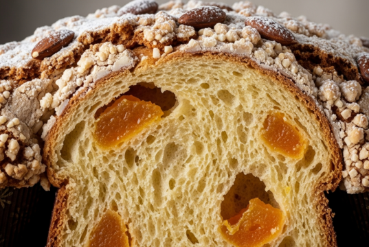 Colomba di Pasqua 2026 veloce: la ricetta economica senza impasto e senza stampo Macro di una fetta di colomba veloce cotta, che mostra l'alveolatura soffice, i canditi di arancia e la glassa croccante con mandorle.