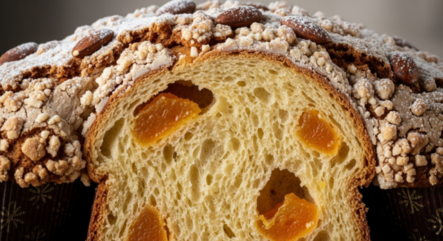 Macro di una fetta di colomba veloce cotta, che mostra l'alveolatura soffice, i canditi di arancia e la glassa croccante con mandorle.