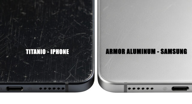 Dettaglio macro confronto usura telaio titanio iPhone 16 Pro Max e Armor Aluminum Samsung Galaxy S26 Ultra