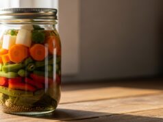 Rischio botulino nelle conserve: perché il “clic” del tappo non garantisce la sicurezza alimentare Vasetto di vetro con verdure conservate su un piano di legno illuminato da luce naturale.