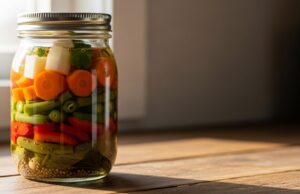 Rischio botulino nelle conserve: perché il “clic” del tappo non garantisce la sicurezza alimentare Vasetto di vetro con verdure conservate su un piano di legno illuminato da luce naturale.