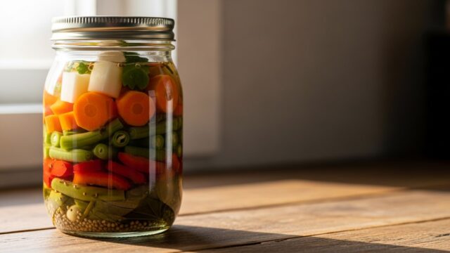 Vasetto di vetro con verdure conservate su un piano di legno illuminato da luce naturale.