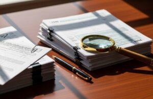 Controlli Superbonus 2026: la nuova sentenza di Cassazione sui sequestri preventivi Documenti fiscali e lente di ingrandimento su una scrivania in legno pulita