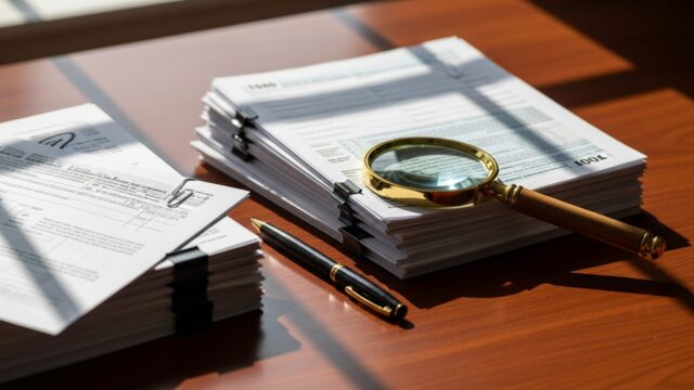 Controlli Superbonus 2026: nuova sentenza sui sequestri preventivi Documenti fiscali e lente di ingrandimento su una scrivania in legno pulita