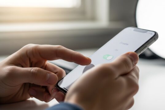 Aggiornamento Android marzo 2026: come risolvere il blocco della ricarica e il surriscaldamento Mani di una persona che disattivano un interruttore sullo schermo di uno smartphone appoggiato su una scrivania luminosa.