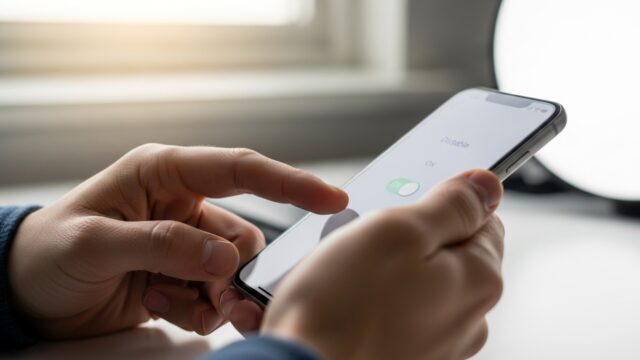 Mani di una persona che disattivano un interruttore sullo schermo di uno smartphone appoggiato su una scrivania luminosa.