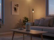 Smart home ed errori quotidiani: le abitudini invisibili che annullano il risparmio energetico Soggiorno moderno al tramonto con uno smart speaker su un tavolo di legno.