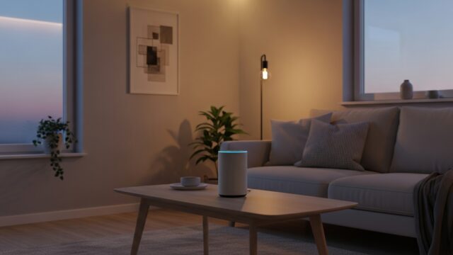 Soggiorno moderno al tramonto con uno smart speaker su un tavolo di legno.