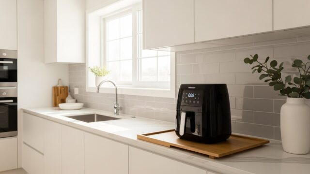 Friggitrice ad aria distanziata in sicurezza dal muro della cucina