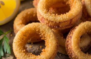 Frittura di calamari croccante: ricetta e shock termico dell’olio Anelli di calamari fritti dorati e croccanti impanati con semola, serviti caldi con fette di limone.