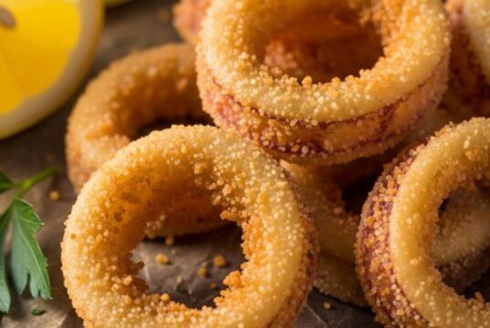 Frittura di calamari croccante: ricetta e shock termico dell’olio Anelli di calamari fritti dorati e croccanti impanati con semola, serviti caldi con fette di limone.