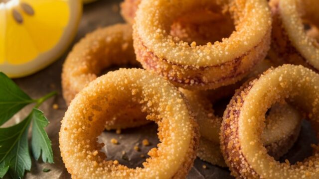 Anelli di calamari fritti dorati e croccanti impanati con semola, serviti caldi con fette di limone.