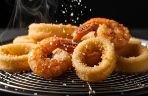 Frittura di pesce unta e molliccia: gli errori di fisica e chimica che distruggono la croccantezza Calamari e gamberi fritti dorati e croccanti appoggiati su una griglia di scolo in metallo, illuminazione drammatica laterale.