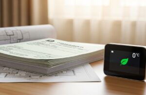 Bonus caldaia 2026: requisiti Agenzia delle Entrate e regole direttiva case green Termostato intelligente moderno con icona ecologica e documenti fiscali su una scrivania ordinata, simboleggiante il Bonus Caldaia 2026 e la transizione energetica.