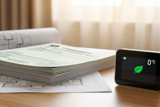 Bonus caldaia 2026: requisiti Agenzia delle Entrate e regole direttiva case green Termostato intelligente moderno con icona ecologica e documenti fiscali su una scrivania ordinata, simboleggiante il Bonus Caldaia 2026 e la transizione energetica.