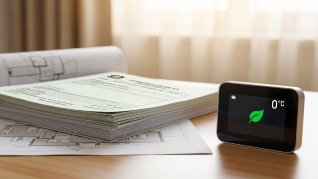 Termostato intelligente moderno con icona ecologica e documenti fiscali su una scrivania ordinata, simboleggiante il Bonus Caldaia 2026 e la transizione energetica.