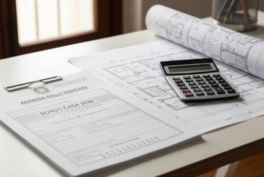 Bonus mobili e caldaie 2026: nuove detrazioni, limiti ISEE e restrizioni UE Documenti fiscali italiani dell'Agenzia delle Entrate su una scrivania con planimetria e calcolatrice.
