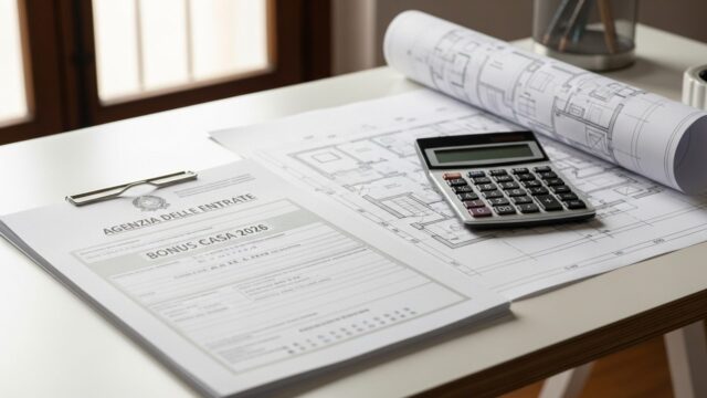 Documenti fiscali italiani dell'Agenzia delle Entrate su una scrivania con planimetria e calcolatrice.