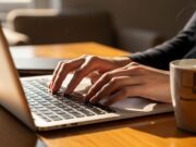 Perché l’intelligenza artificiale non sostituirà i siti web e come difendersi Mani che digitano su un computer portatile in un ambiente domestico luminoso.