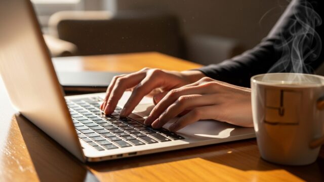 Mani che digitano su un computer portatile in un ambiente domestico luminoso.