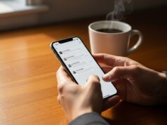 Gmail bloccato su iPhone e Mac: come risolvere l’errore di sincronizzazione dell’app Mail Mani che tengono uno smartphone con l'applicazione della posta elettronica aperta su una scrivania di legno.