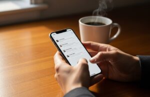 Gmail bloccato su iPhone e Mac: come risolvere l’errore di sincronizzazione dell’app Mail Mani che tengono uno smartphone con l'applicazione della posta elettronica aperta su una scrivania di legno.
