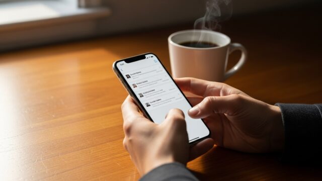 Mani che tengono uno smartphone con l'applicazione della posta elettronica aperta su una scrivania di legno.
