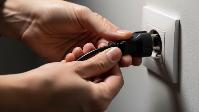 Tempesta solare 21 marzo: rischi per smartphone e router Mani di una persona che scollegano la spina di un router internet dalla presa a muro bianca.