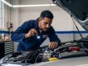 Aria condizionata auto: perché accenderla a marzo dopo l’inverno fa grippare il compressore Meccanico specializzato che esamina con una torcia il vano motore di un'auto per controllare il compressore del clima.