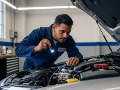 Aria condizionata auto: perché accenderla a marzo dopo l’inverno fa grippare il compressore Meccanico specializzato che esamina con una torcia il vano motore di un'auto per controllare il compressore del clima.