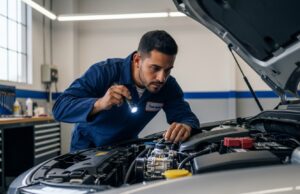 Aria condizionata auto: perché accenderla a marzo dopo l’inverno fa grippare il compressore Meccanico specializzato che esamina con una torcia il vano motore di un'auto per controllare il compressore del clima.